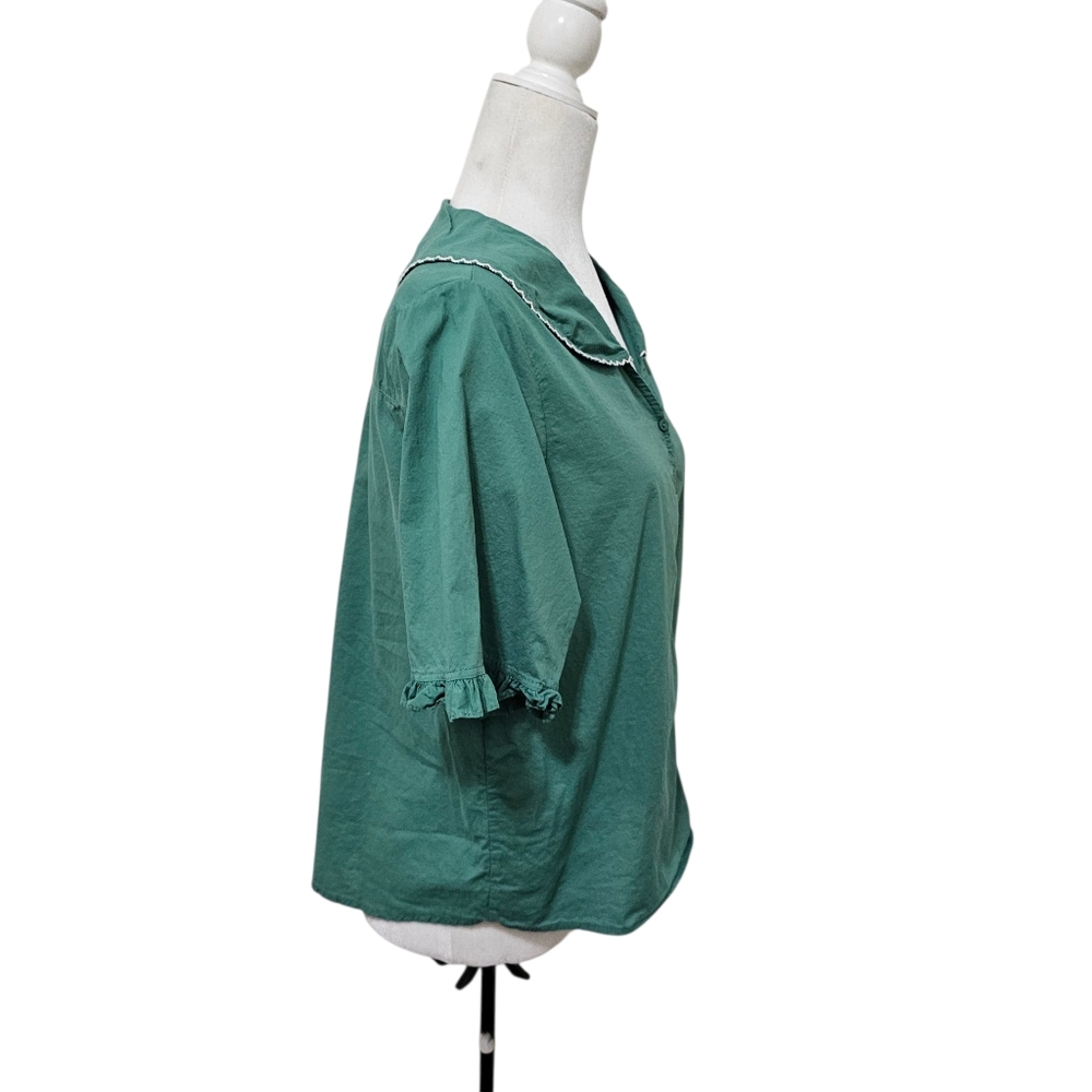 Vintage Green Blouse Short Sleeve Lightweight Romantic Peter Pan Collar - Picture 5 of 13